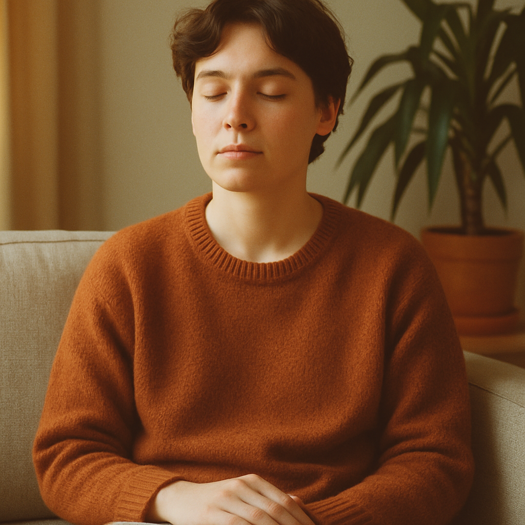 Person experiencing relief, eyes closed in calmness